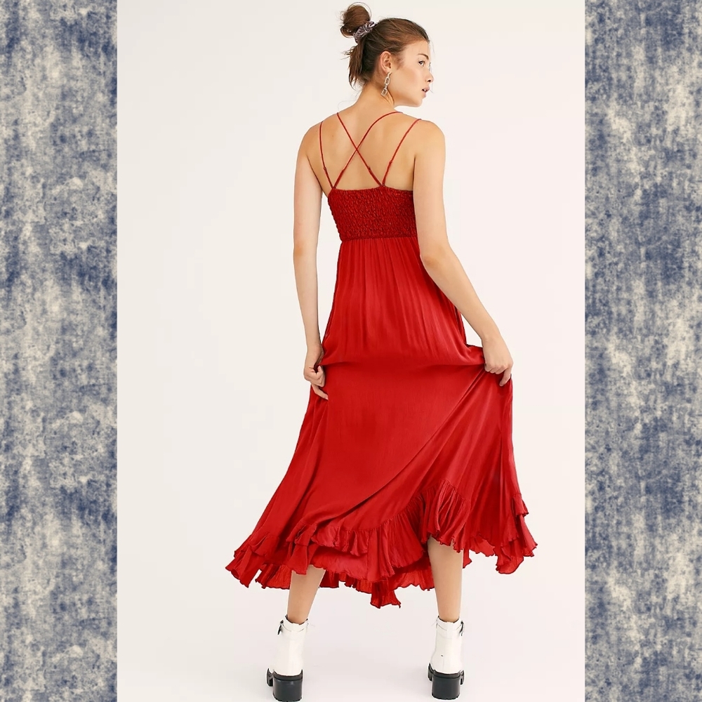Free People FP ONE Adella Crochet lace gauzy maxi midi dress summer strappy red - Picture 3 of 16